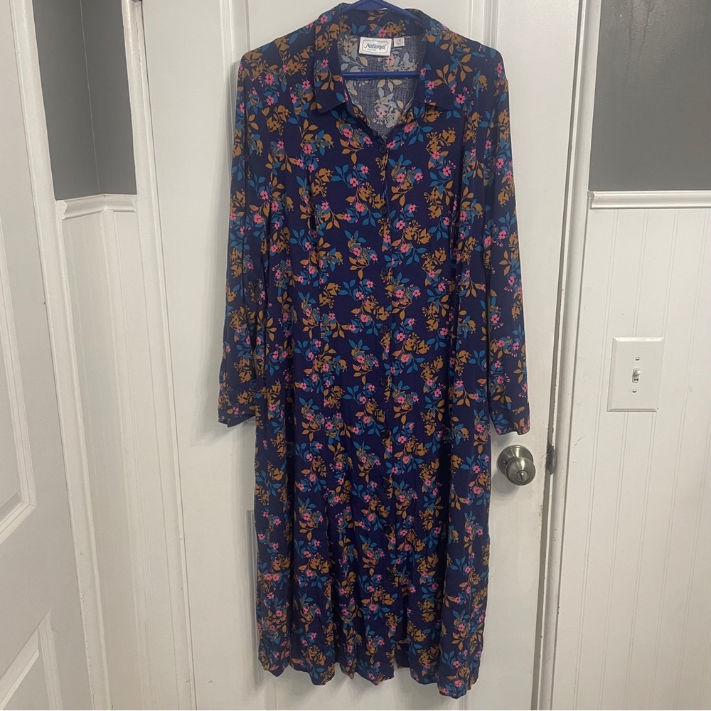 National Dress Floral Blue Long Sleeve Button Down Dress sz. 1X